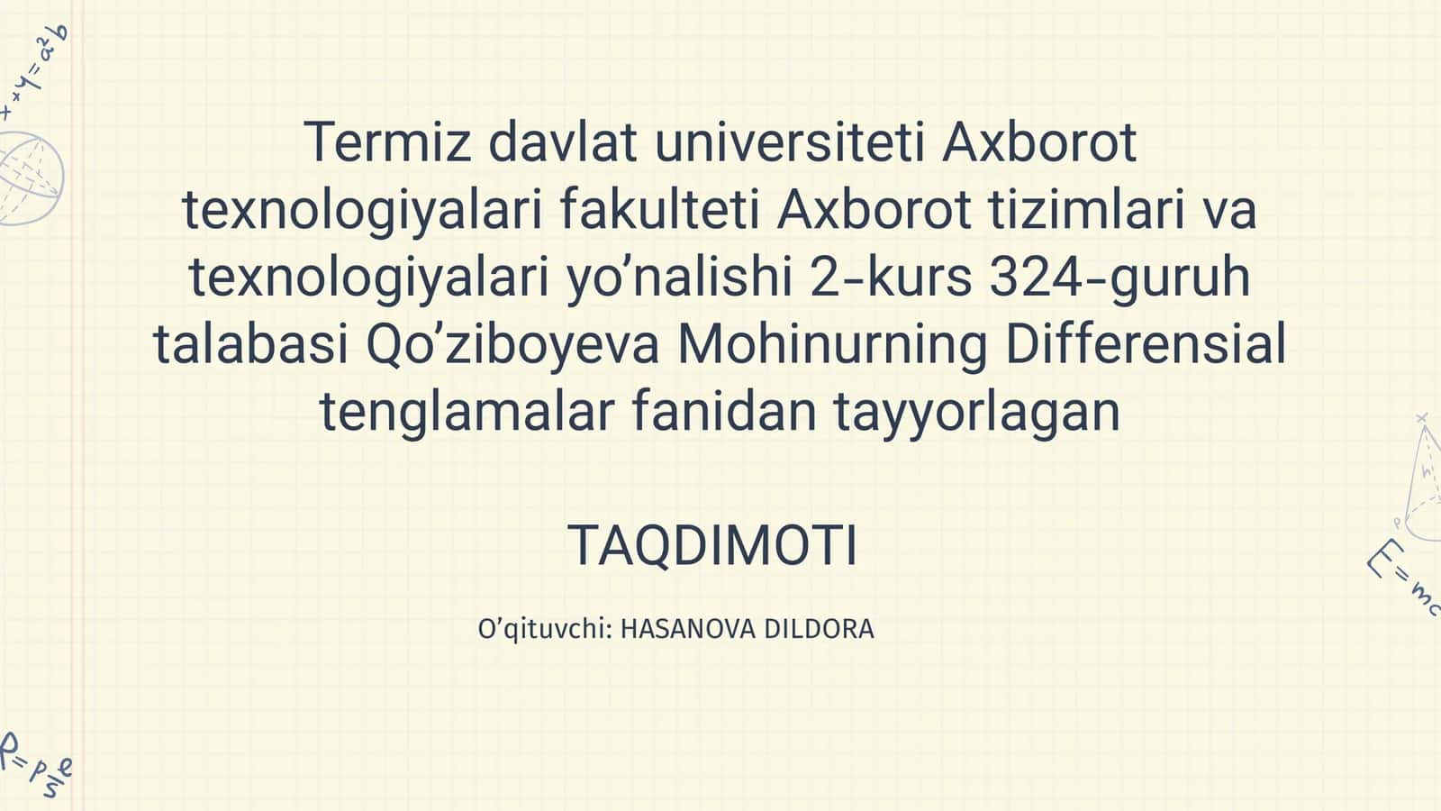 Differensial tenglamalar fanidan dars 1