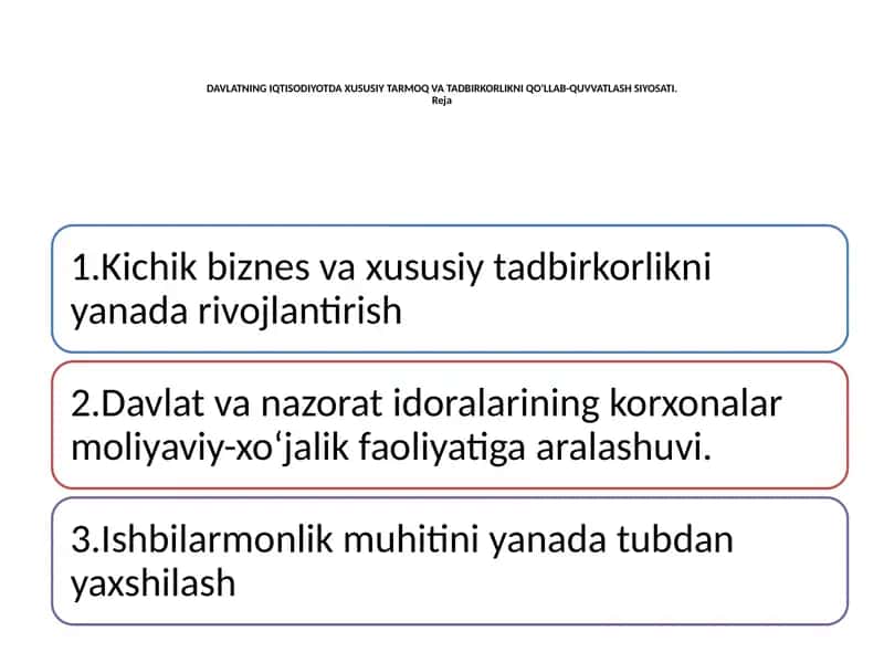 DAVLATNING IQTISODIYOTDA XUSUSIY TARMOQ VA TADBIRKORLIKNI QO‘LLAB-QUVVATLASH SIYOSATI 1