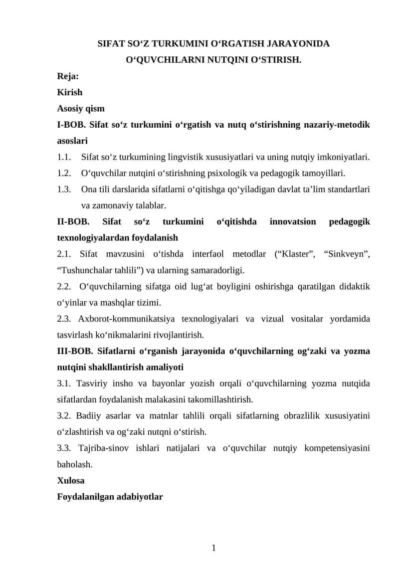 Sifat so‘z turkumini o‘rgatish 1