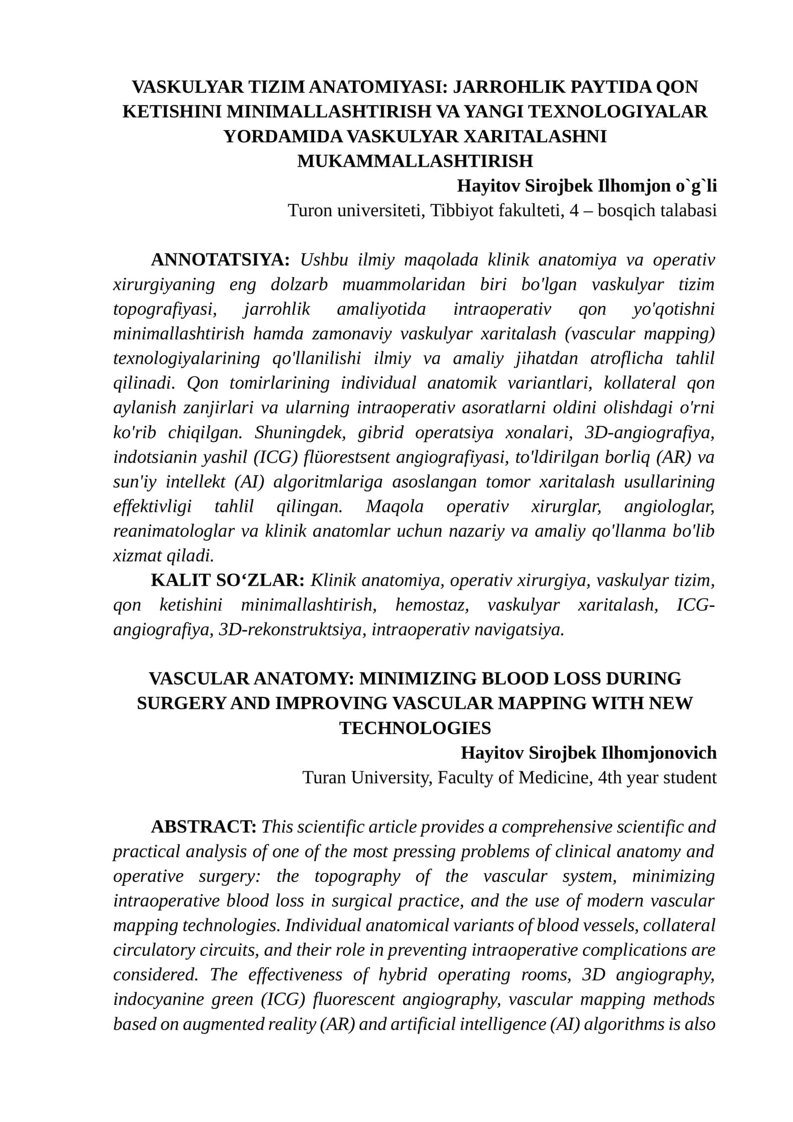 VASKULYAR TIZIM ANATOMIYASI: QON KETISHINI MINIMALLASHTIRISH 1