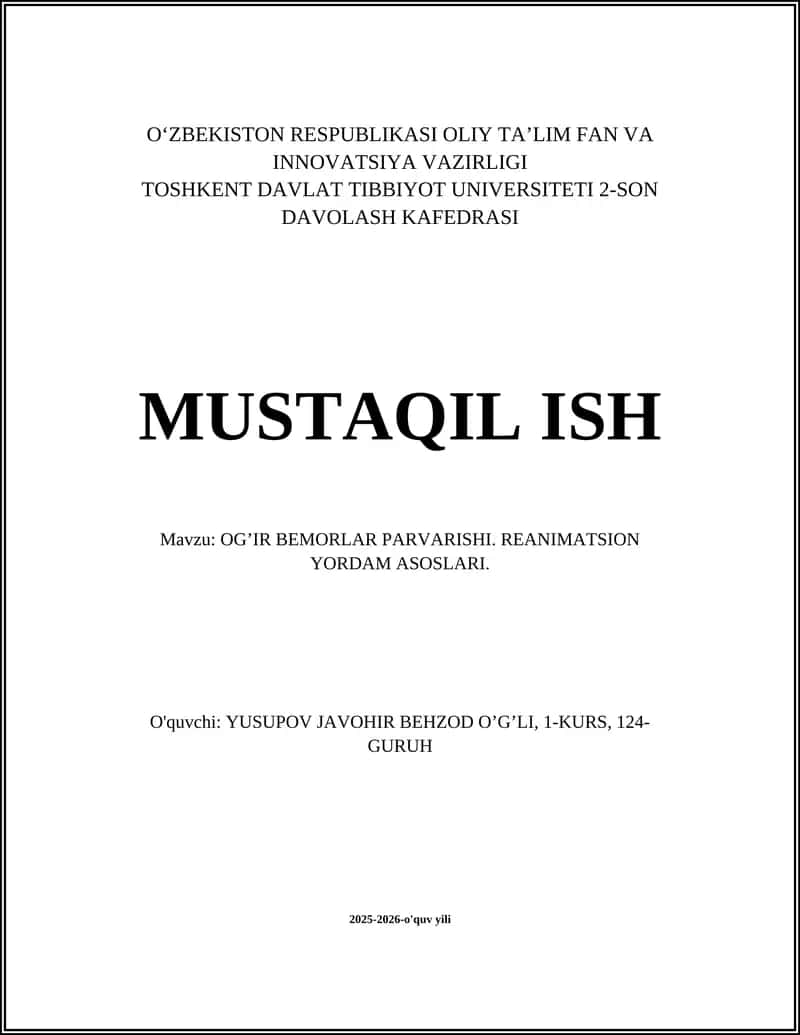 Og’ir Bemorlar Parvarishi. Reanimatsion Yordam Asoslari 1