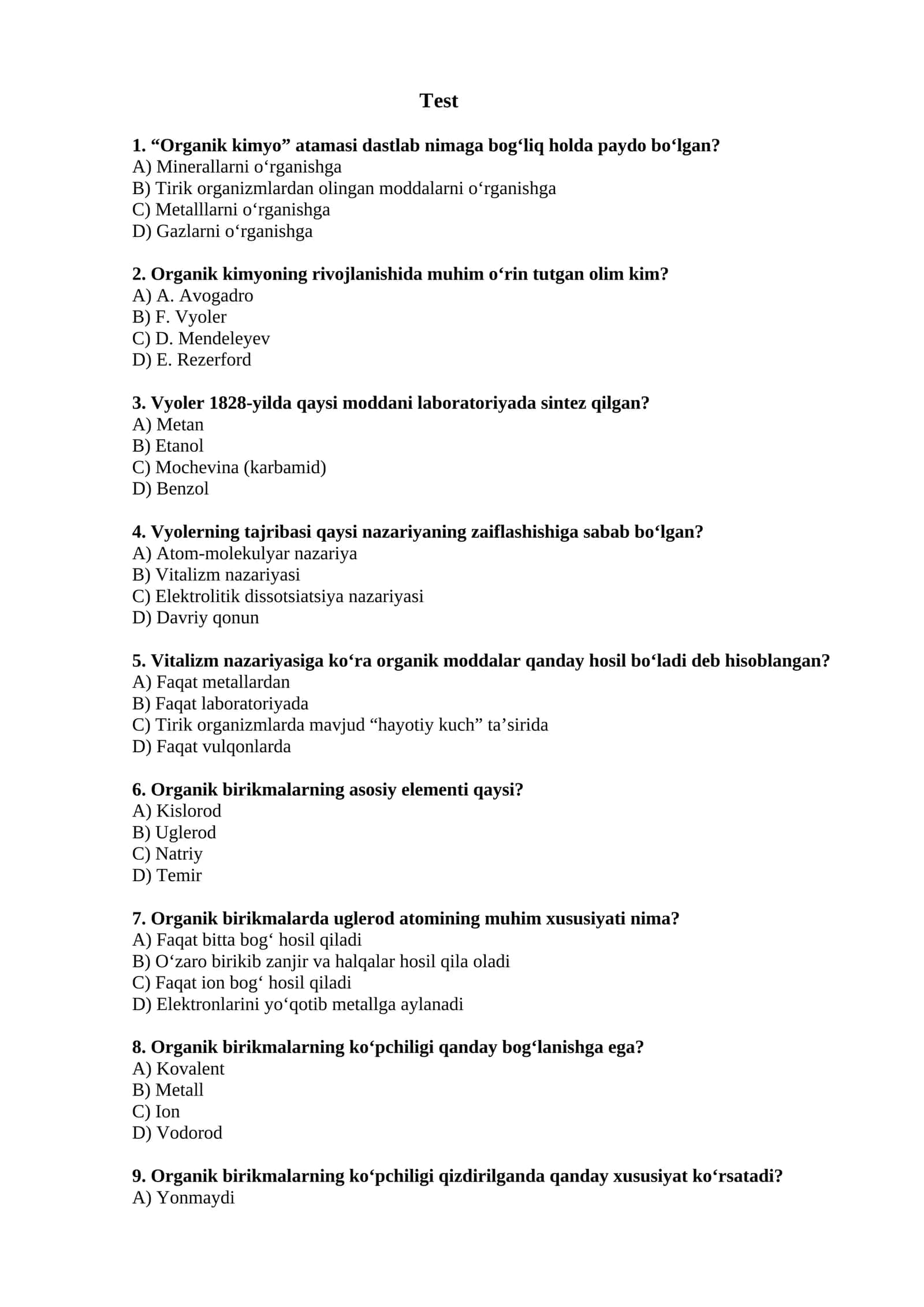 Organik kimyo test savollari 1