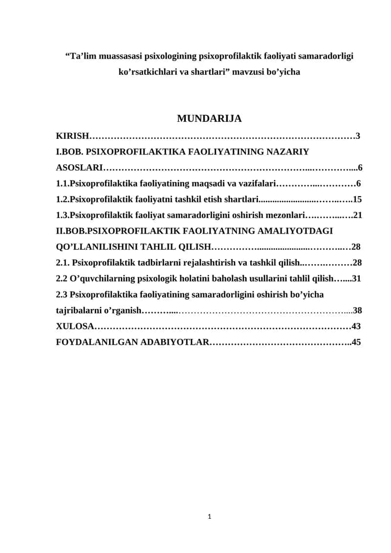 Ta’lim muassasasi psixologining psixoprofilaktik faoliyati samaradorligi ko’rsatkichlari va shartlar 1