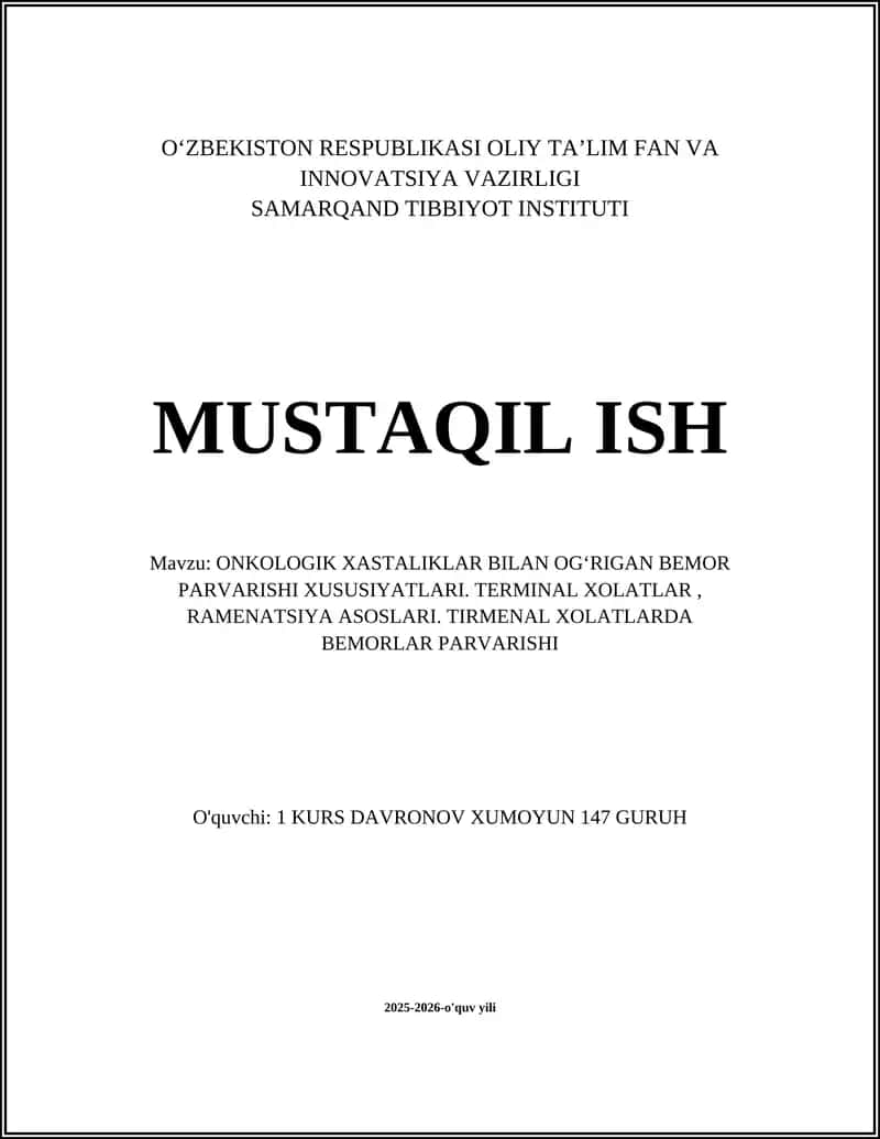 ONKOLOGIK XASTALIKLAR BILAN OGʻRIGAN BEMOR PARVARISHI XUSUSIYATLARI 1