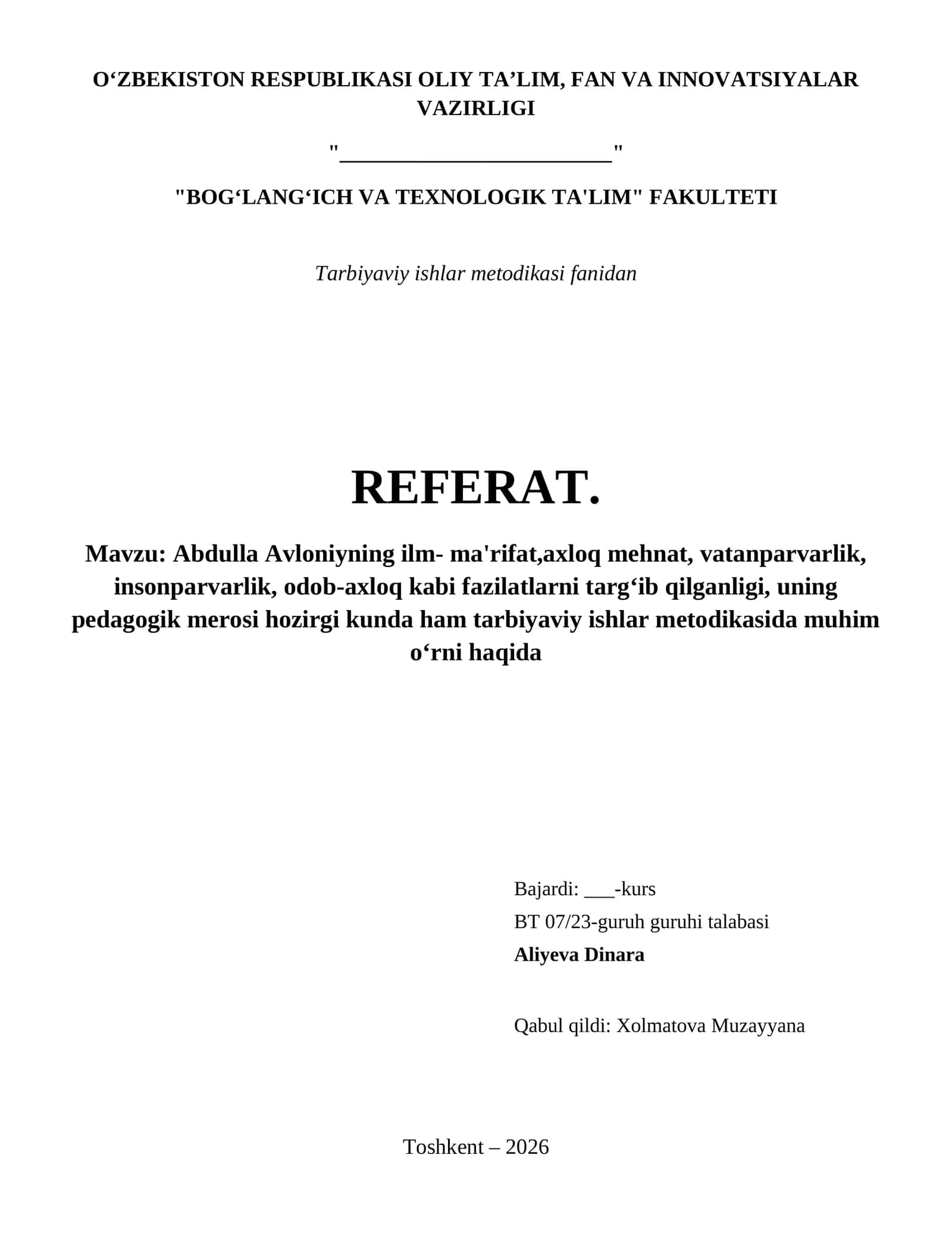 Abdulla Avloniyning ilm- ma'rifat,axloq mehnat, vatanparvarlik, insonparvarlik, odob-axloq kabi fazilatlarni targʻib qilganligi, uning pedagogik merosi hozirgi kunda ham tarbiyaviy ishlar metodikasida muhim oʻrni haqida 1