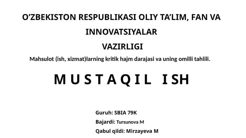 Mahsulot (ish, xizmat)larning kritik hajm darajasi va uning omilli tahlili. 1