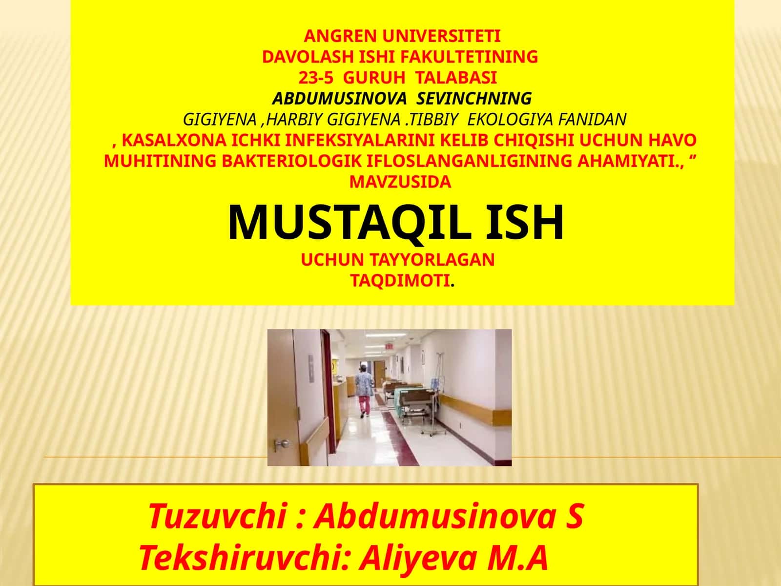 Kasalxonai chiki infeksiyalarning tushunchasi, havomuhitining bakteriologik ifloslanishi haqida umumiy tushuncha 1