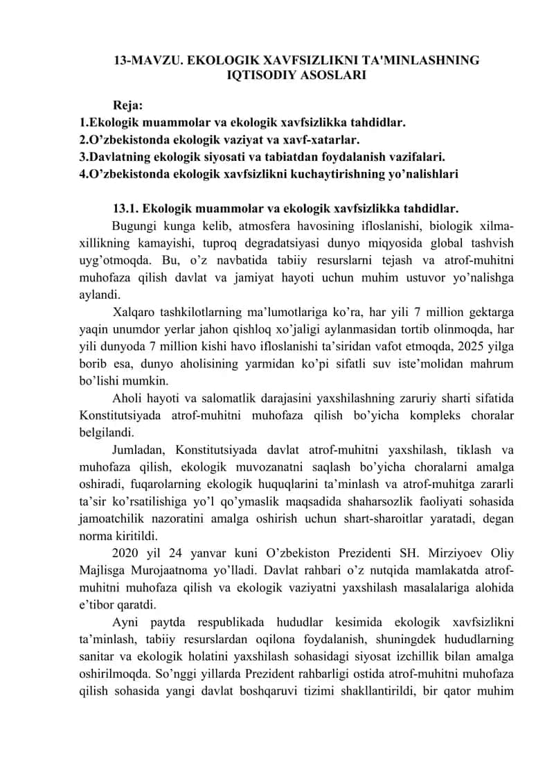 EKOLOGIK XAVFSIZLIKNI TA'MINLASHNING IQTISODIY ASOSLARI 1