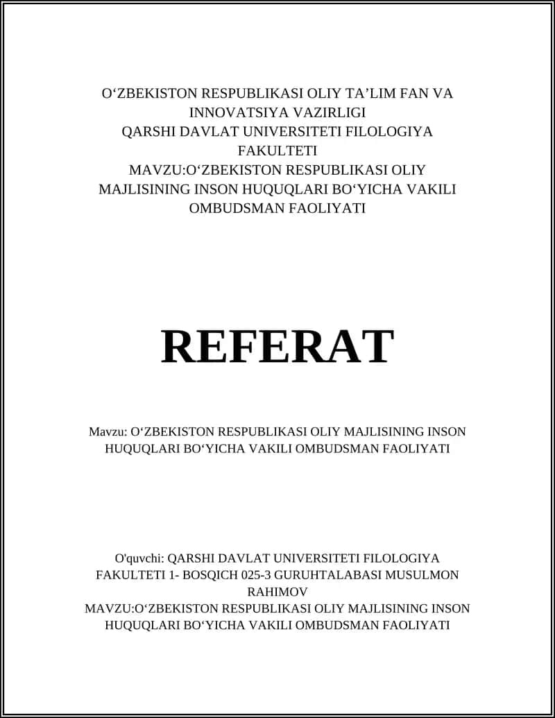 Oʻzbekiston Respublikasi Oliy Majlisining Inson Huquqlari boʻyicha Vakili Ombudsman Faoliyati 1