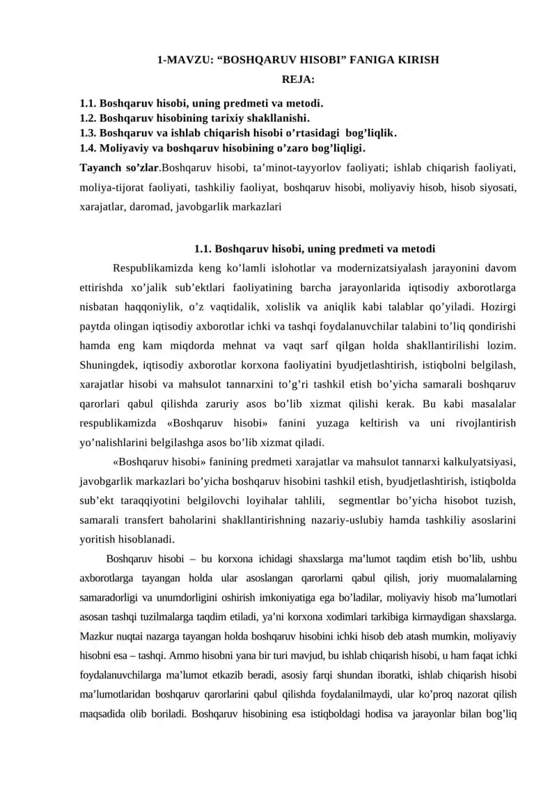 BOSHQARUV HISOBI FANIGA KIRISH 1