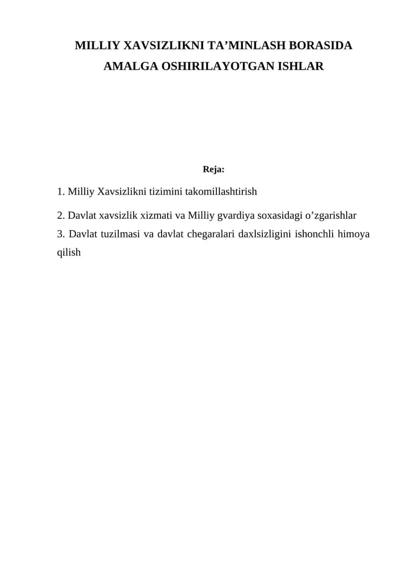 Milliy Xavsizlikni Ta’minlash Borasida Amalga Oshirilayotgan Ishlar 1
