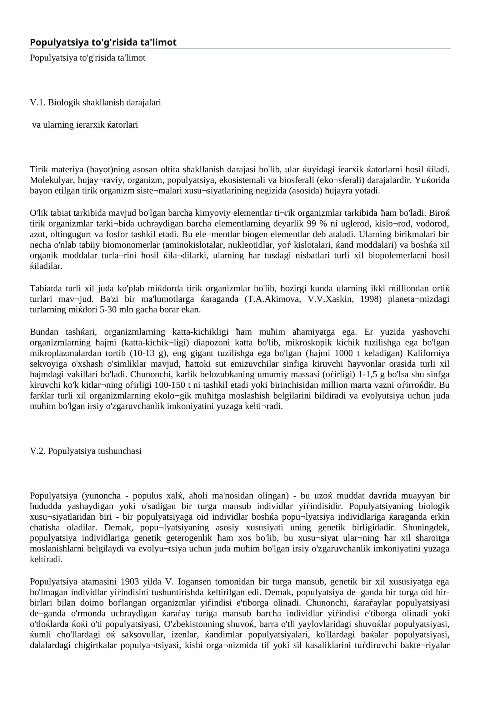 Populyatsiya to'g'risida ta'limot 1