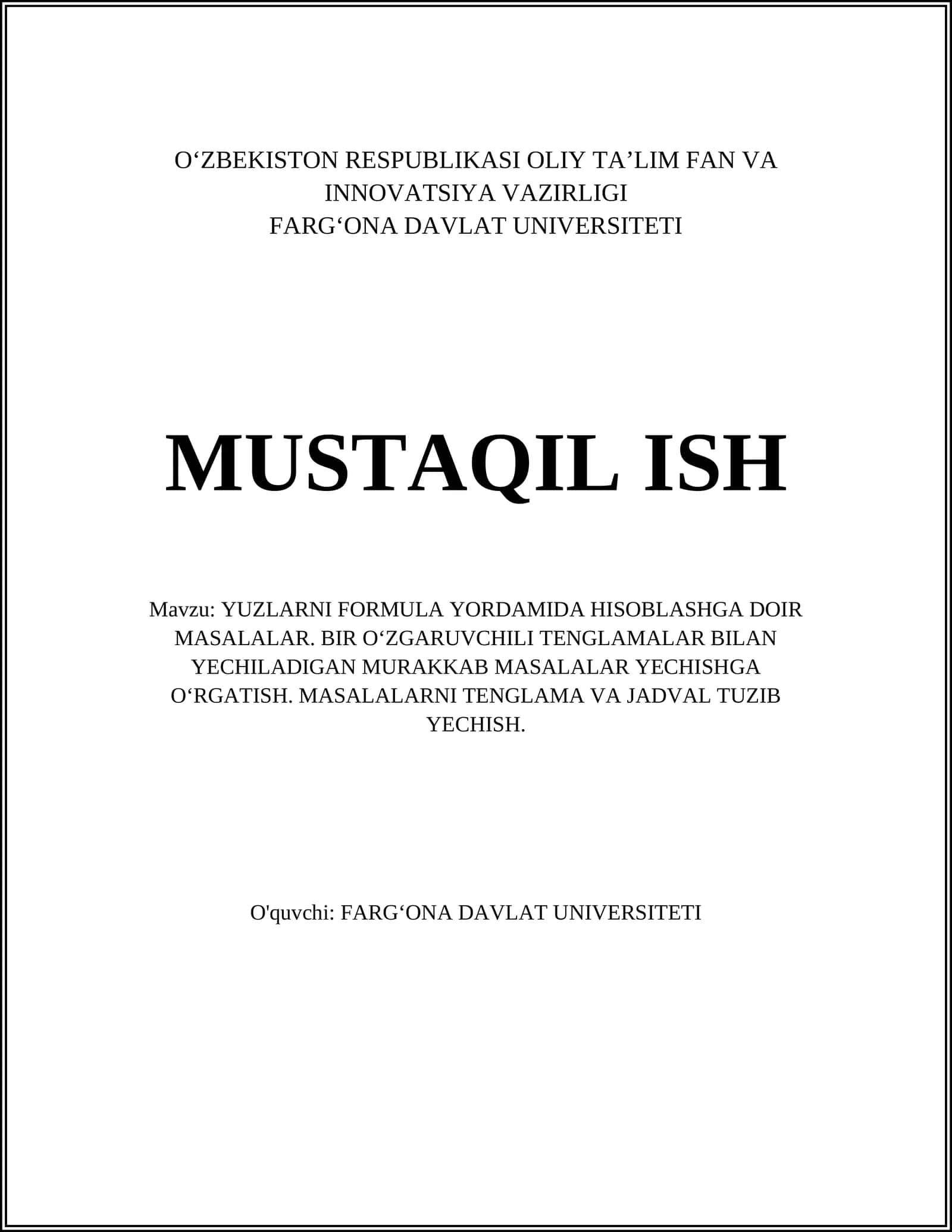 YUZLARNI FORMULA YORDAMIDA HISOBLASHGA DOIR MASALALAR 1