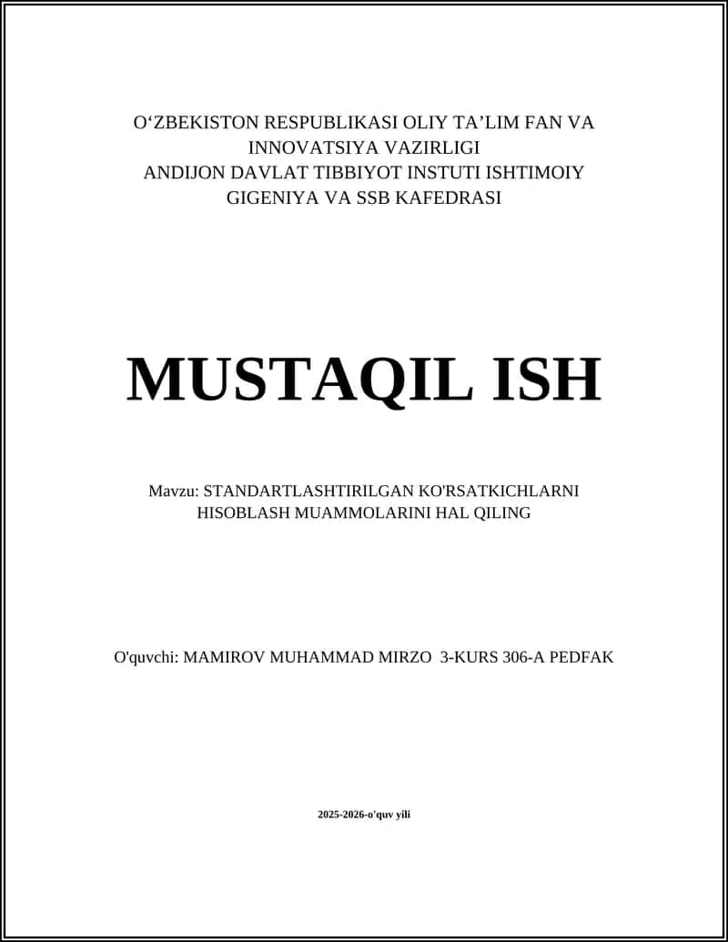 Standartlashtirilgan Ko'rsatkichni Hisoblash va Talqin Qilish 1