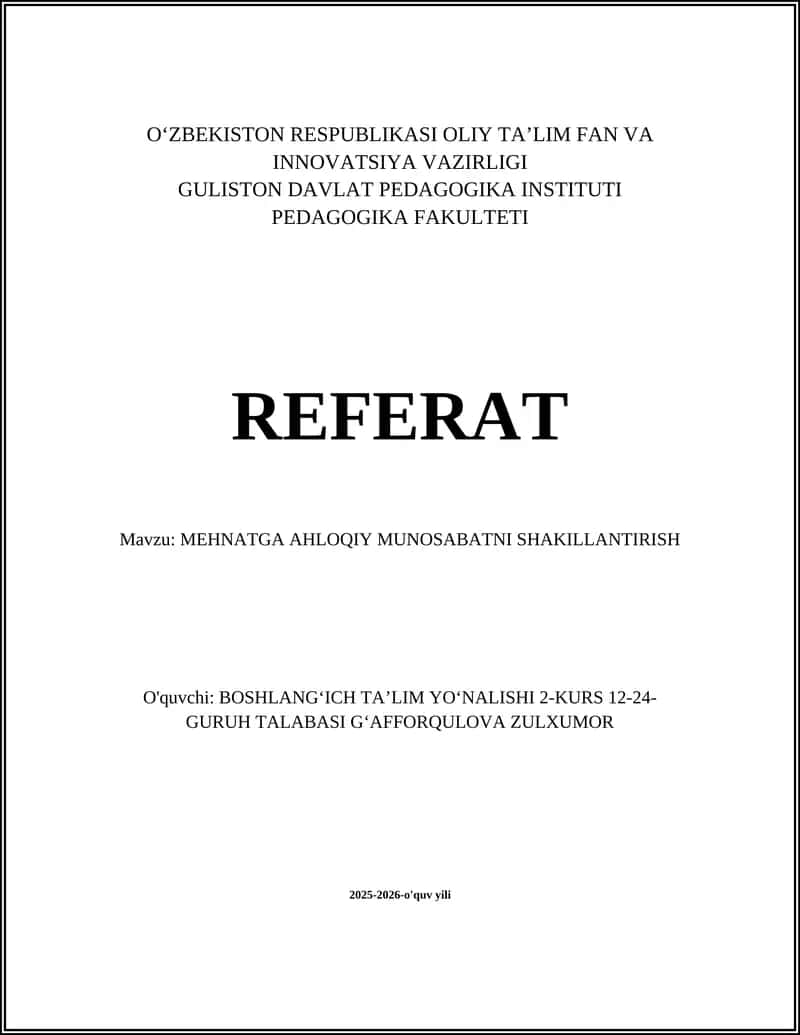 MEHNATGA AHLOQIY MUNOSABATNI SHAKILLANTIRISH 1