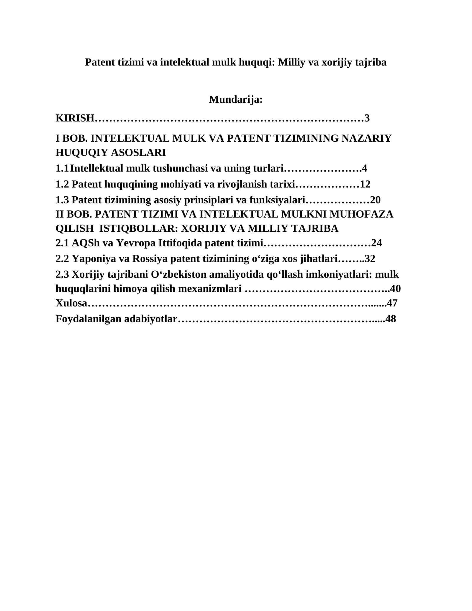 Patent tizimi va intelektual mulk huquqi: Milliy va xorijiy tajriba 1