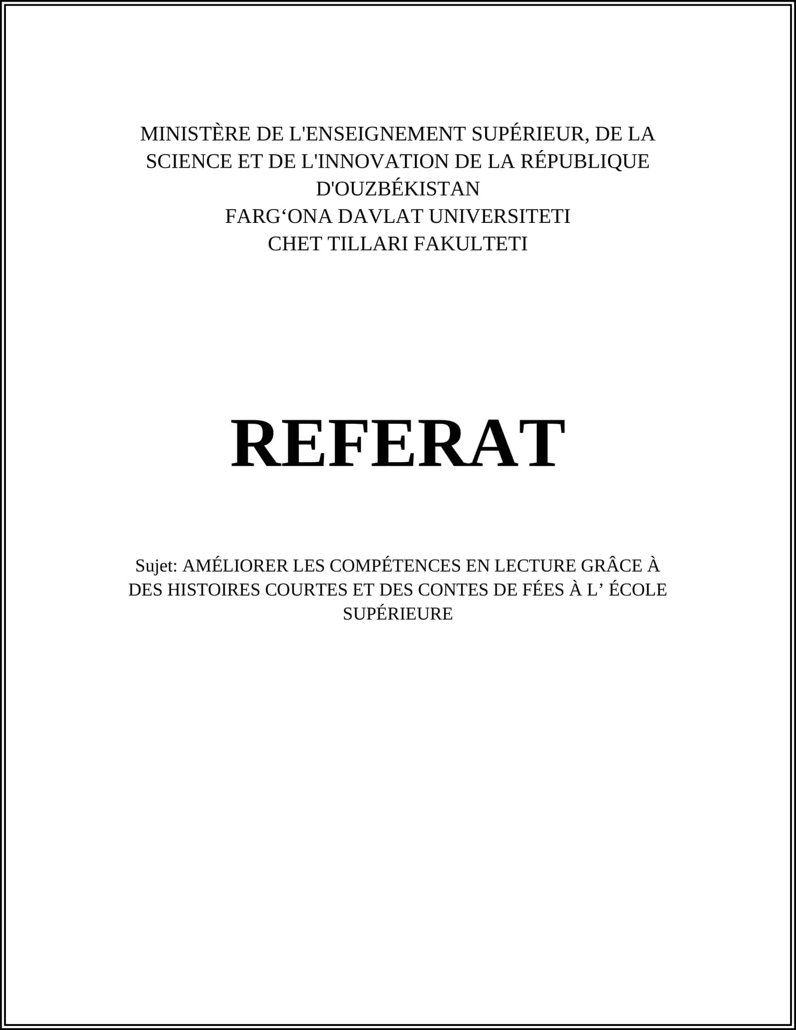 AMÉLIORER LES COMPÉTENCES EN LECTURE GRÂCE À DES HISTOIRES COURTES ET DES CONTES DE FÉES À L’ ÉCOLE SUPÉRIEURE 1