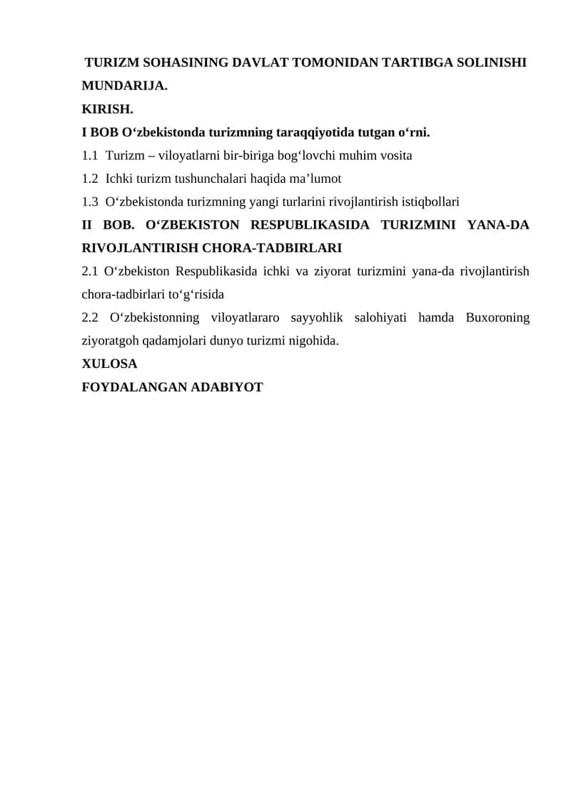 Turizm Sohasining Davlat Tomonidan Tartibga Solinishi 1