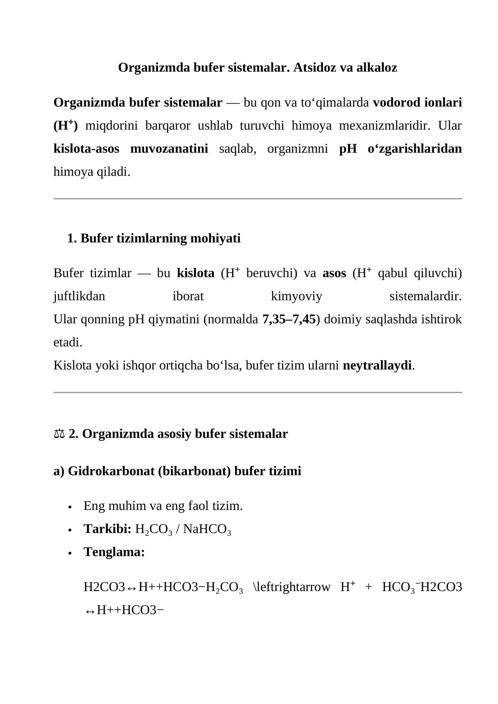 Organizmda bufer sistemalar. Atsidoz va alkaloz 1