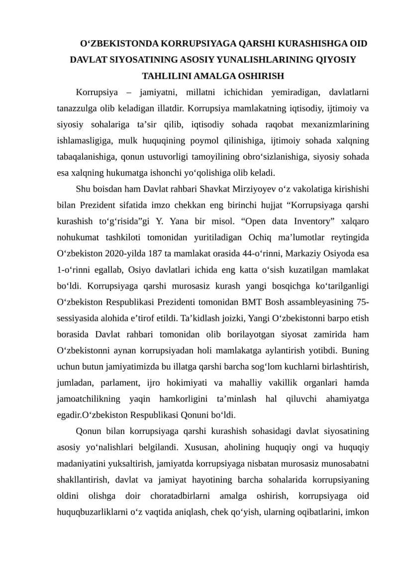 Korrupsiyaga qarshi kurashishga oid davlat siyosati 1