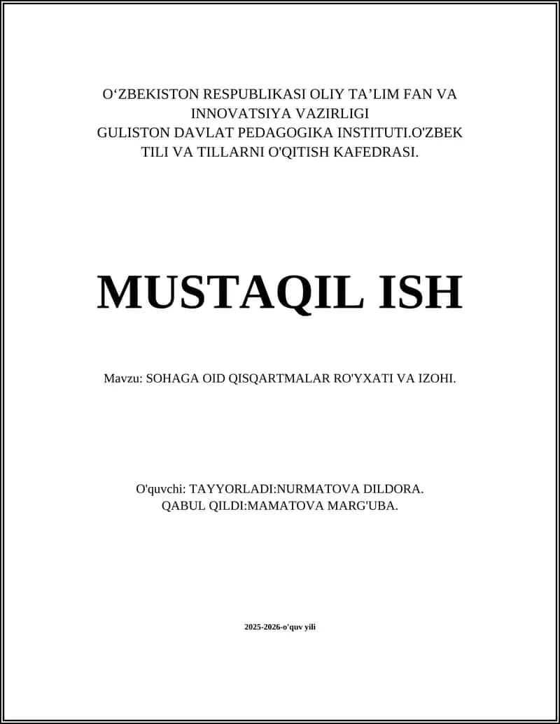 SOHAGA OID QISQARTMALAR RO'YXATI VA IZOHI 1