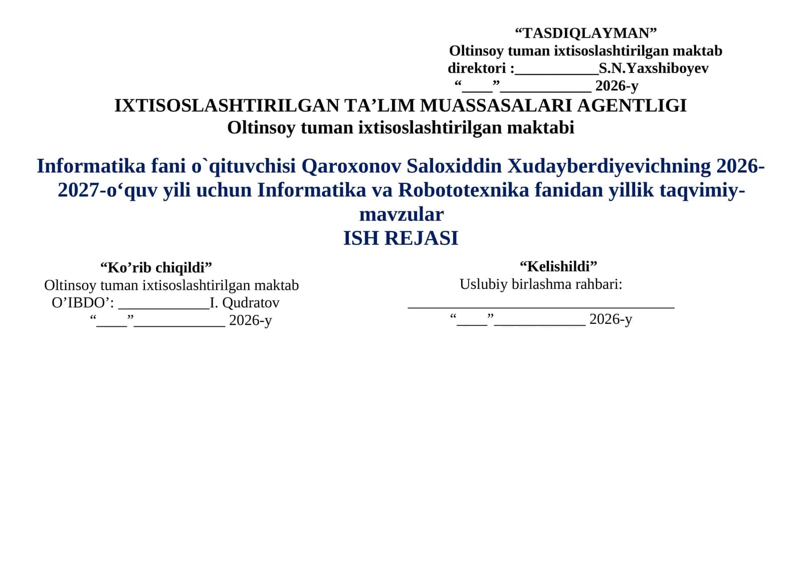 Informatika va Robototexnika fanidan yillik taqvimiy-mavzular 1