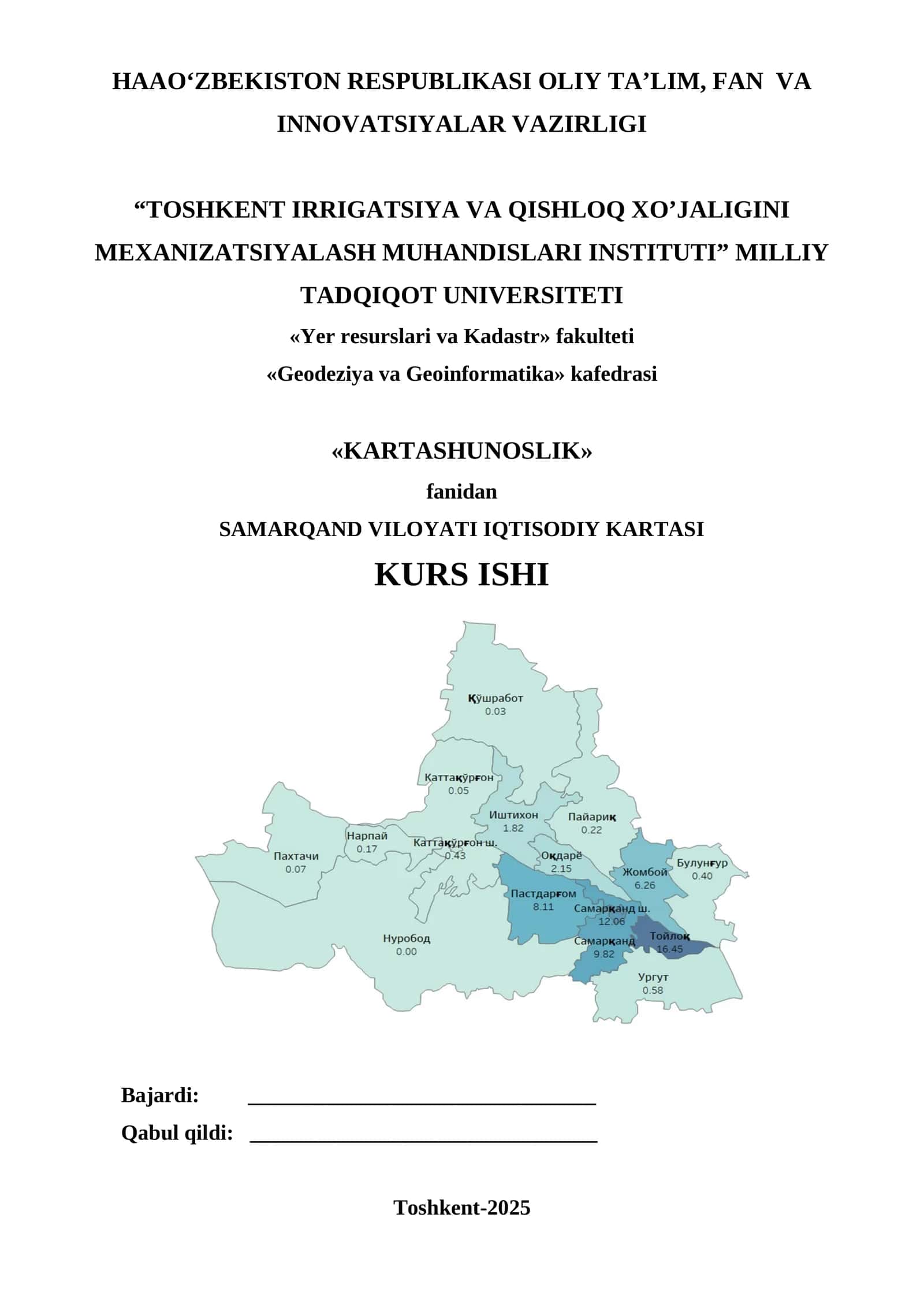 SAMARQAND VILOYATI IQTISODIY KARTASI KURS ISHI 1
