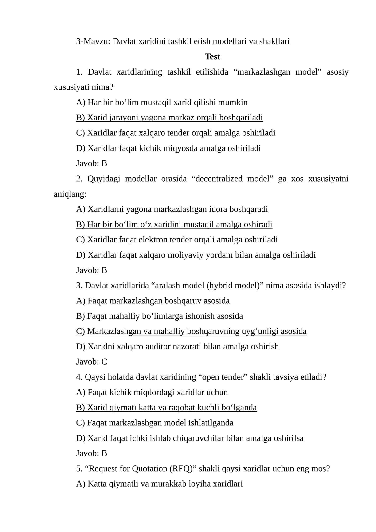 Davlat xaridini tashkil etish modellari va shakllari 1