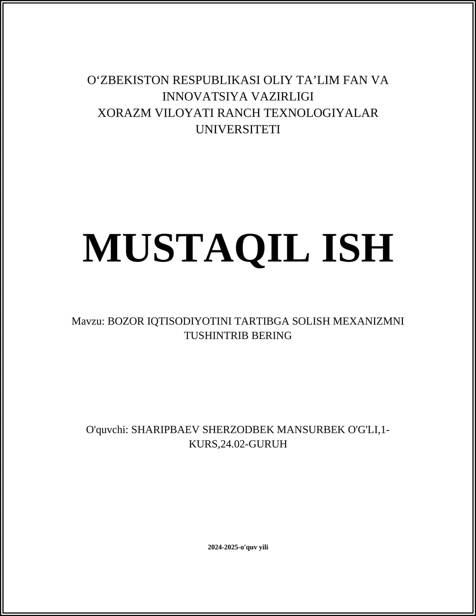 BOZOR IQTISODIYOTINI TARTIBGA SOLISH MEXANIZM 1