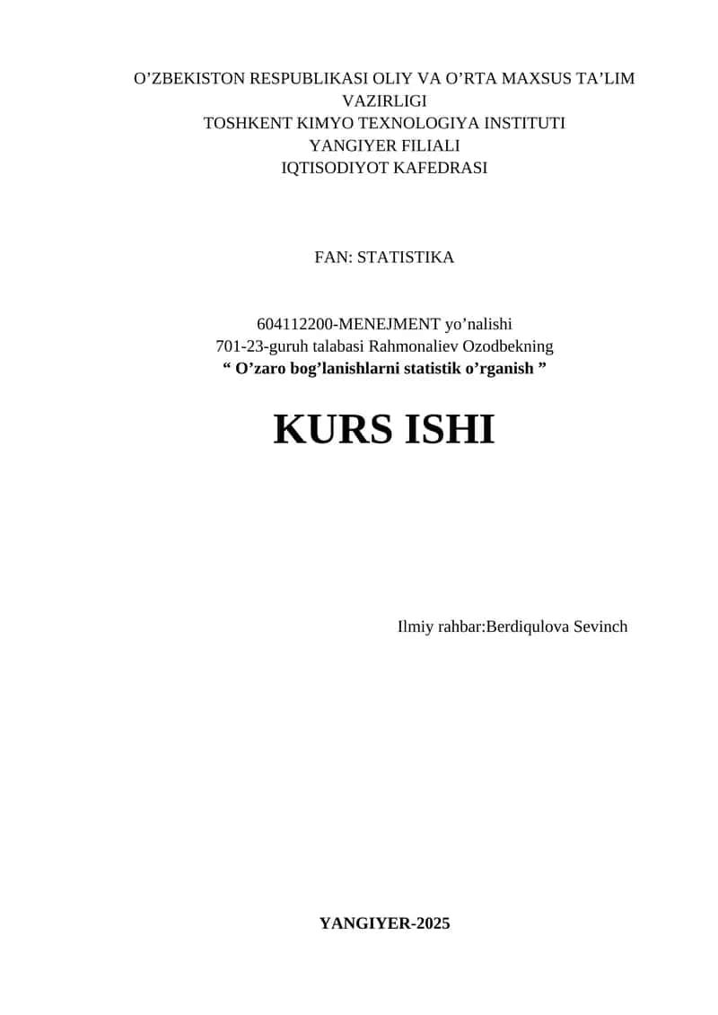 O'zaro bog'lanishlarni statistik o'rganish 1