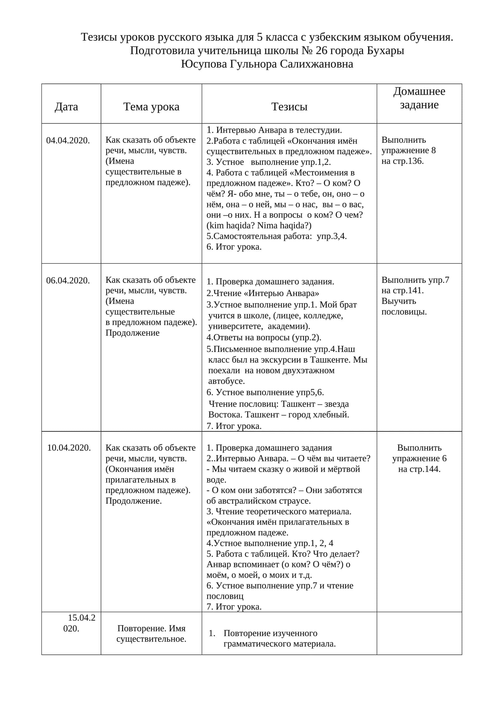 Тезисы уроков русского языка для 5 класса с узбекским языком обучения 1