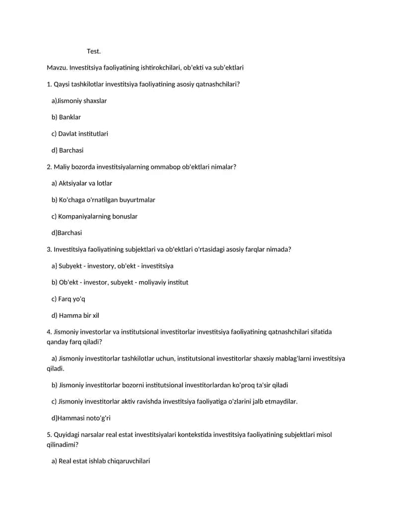Investitsiya faoliyatining ishtirokchilari, ob’ekti va sub’ektlari 1
