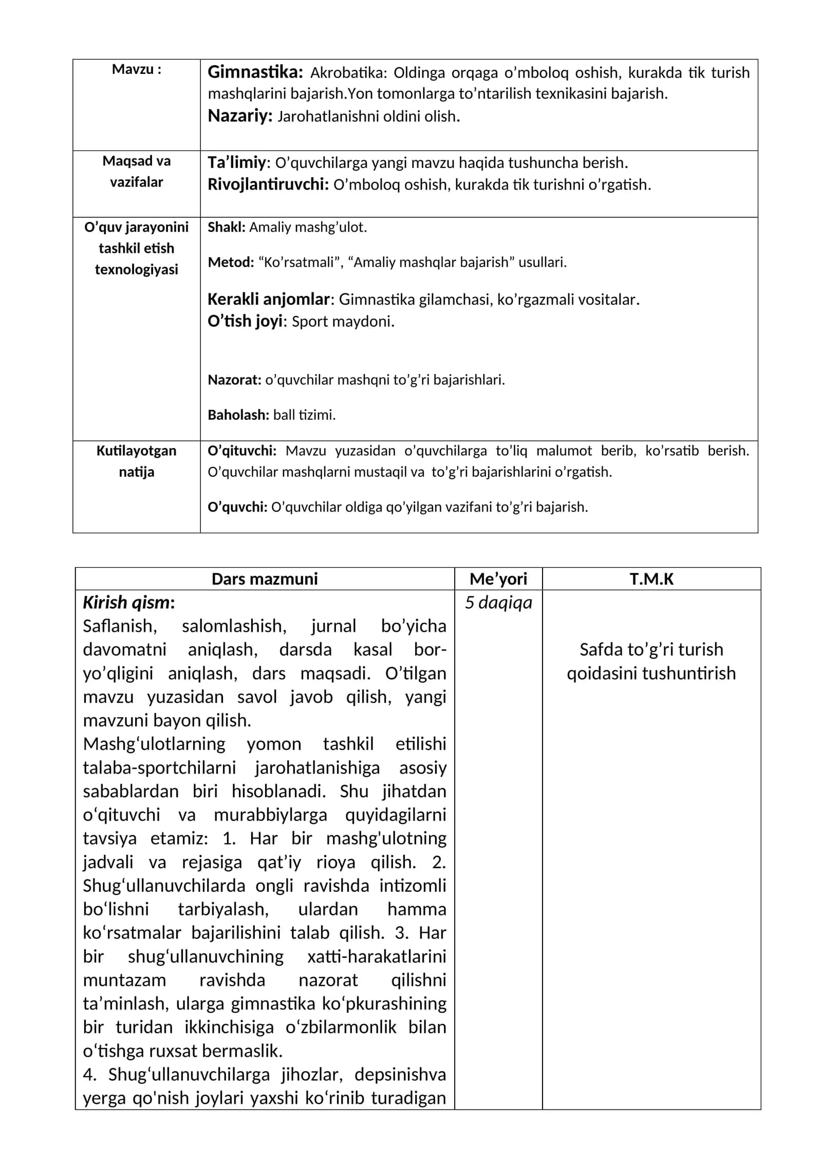 Gimnastika: Akrobatika: Oldinga orqaga o’mboloq oshish, kurakda tik turish mashqlarini bajarish. Yon tomonlarga to’ntarilish texnikasini bajarish 1