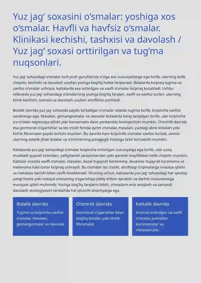 Yuz jag‘ soxasini o‘smalar: yoshiga xos o‘smalar