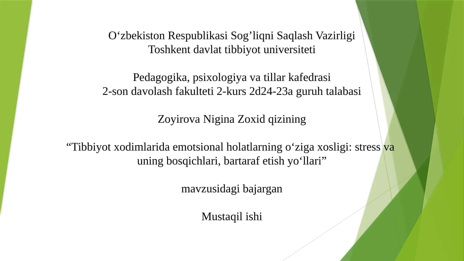 Tibbiyot xodimlarida emotsional holatlarning o‘ziga xosligi stress va  uning bosqichlari, bartaraf etish yo‘llari 1