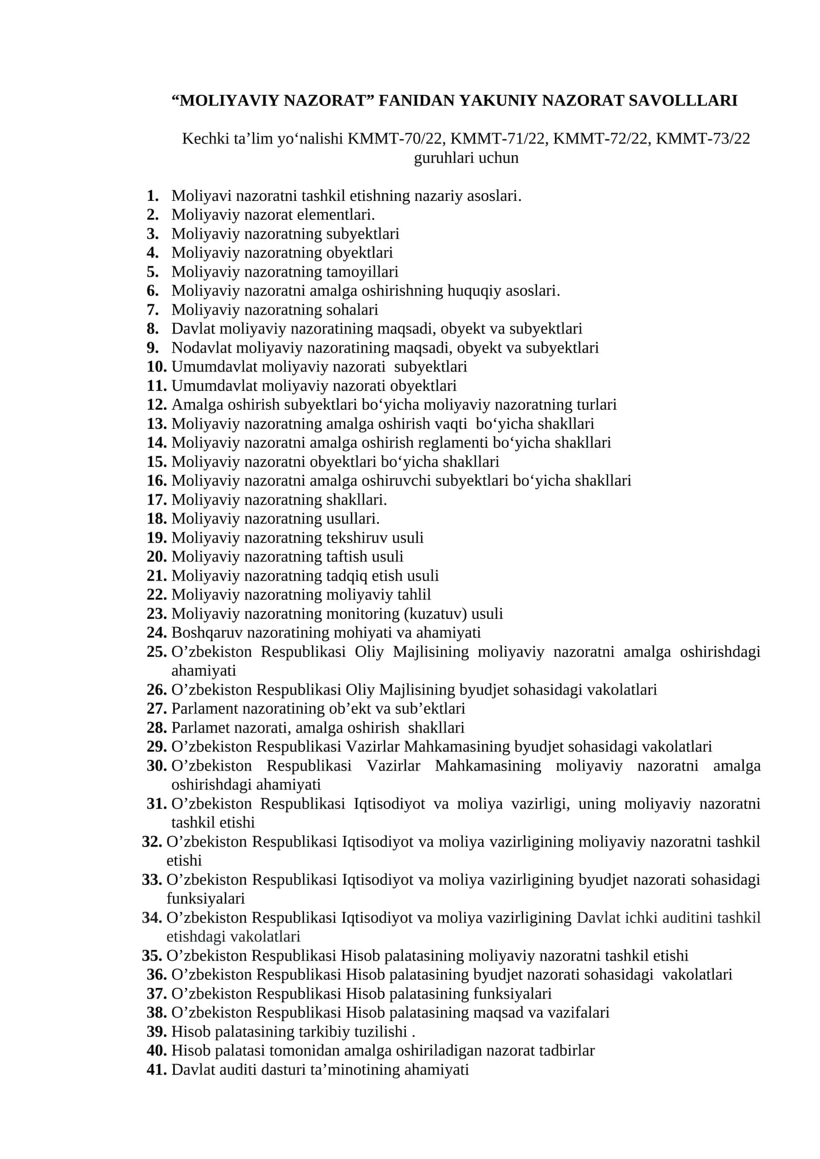 Moliyaviy Nazorat Fanidan Yakuniy Nazorat Savollari 2026 1