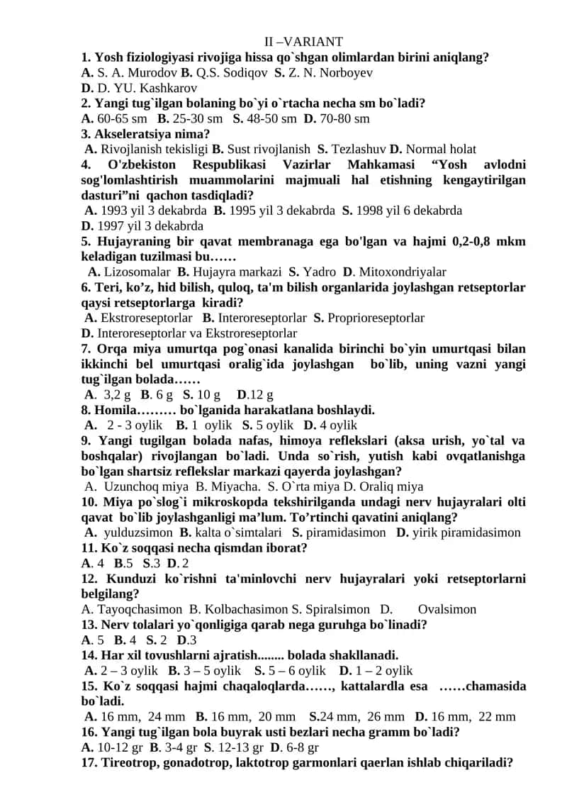 Yosh fiziologiyasi variant savollari 1