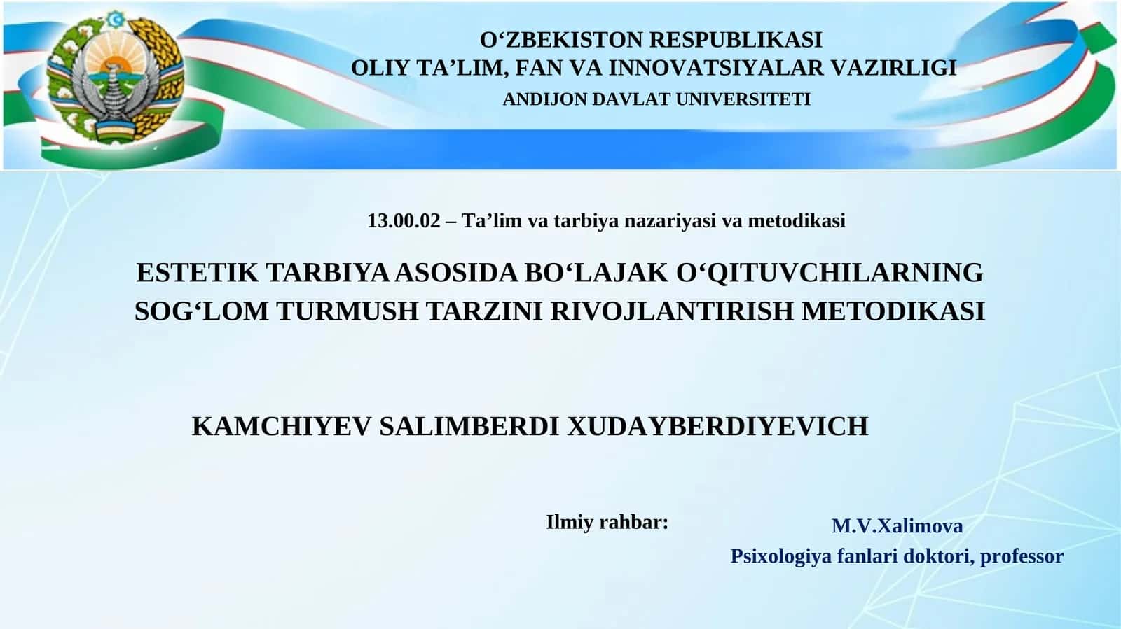 ESTETIK TARBIYA ASOSIDA BO‘LAJAK O‘QITUVCHILARNING SOG‘LOM TURMUSH TARZINI RIVOJLANTIRISH METODIKASI 1