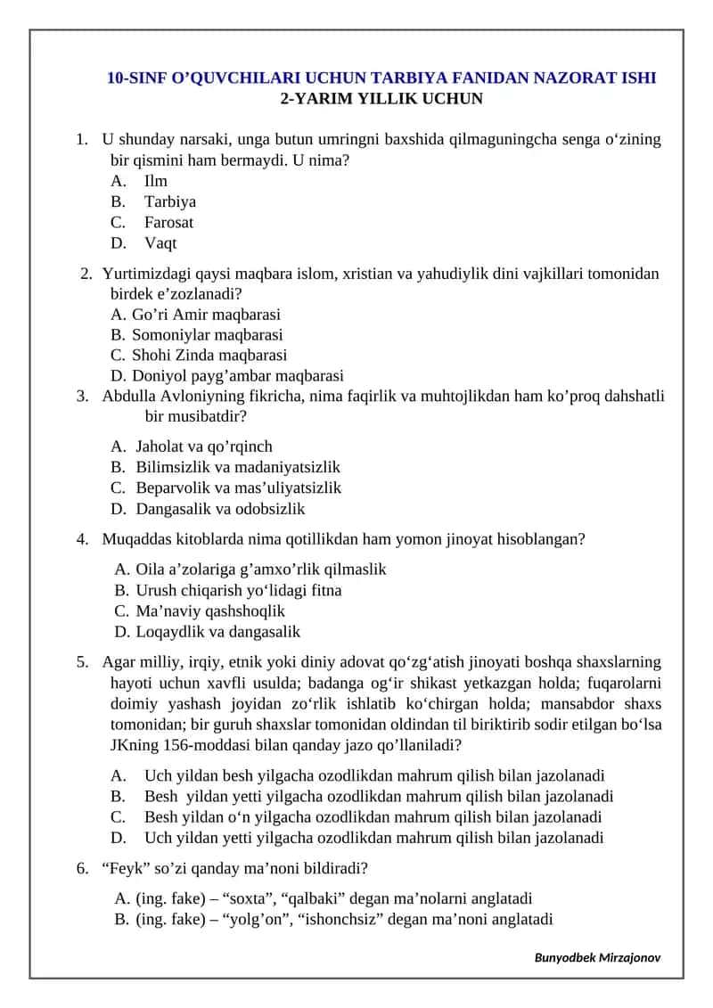 10-SINF O’QUVCHILARI UCHUN TARBIYA FANIDAN NAZORAT ISHI 1