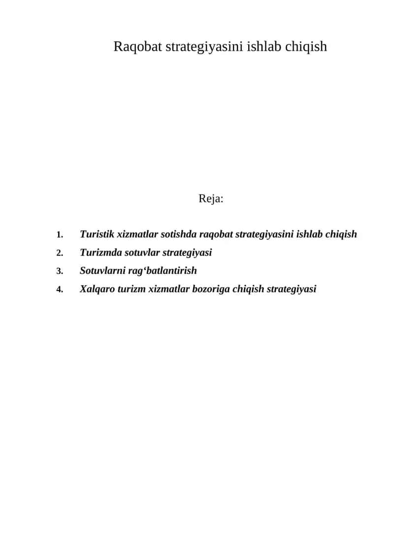 Turistik xizmatlar sotishda raqobat strategiyasini ishlab chiqish 1