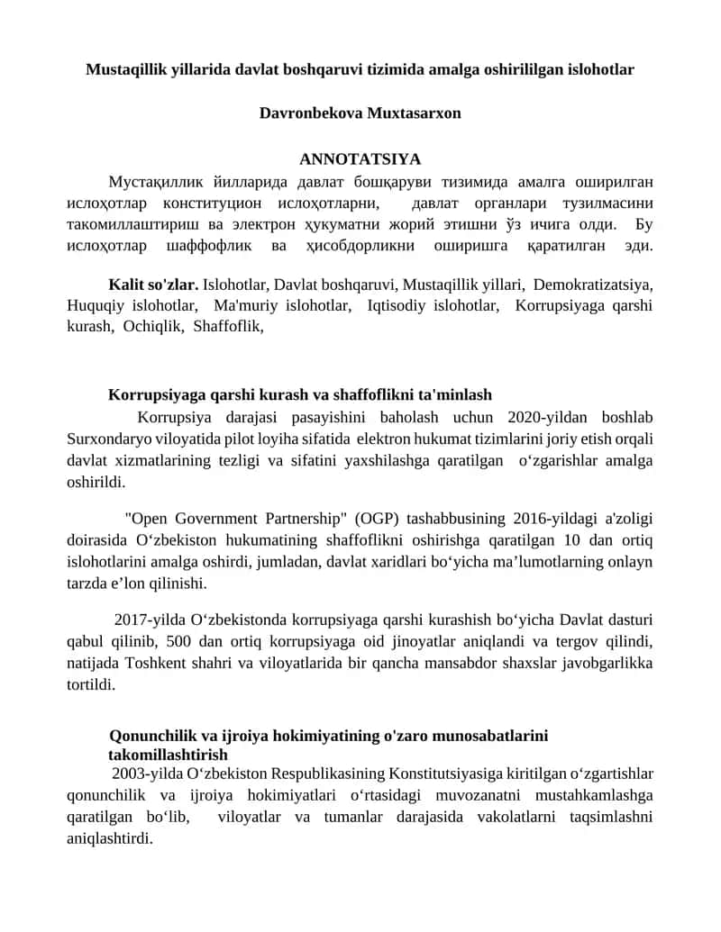 Davlat boshqaruvi tizimida amalga oshirililgan islohotlar 1