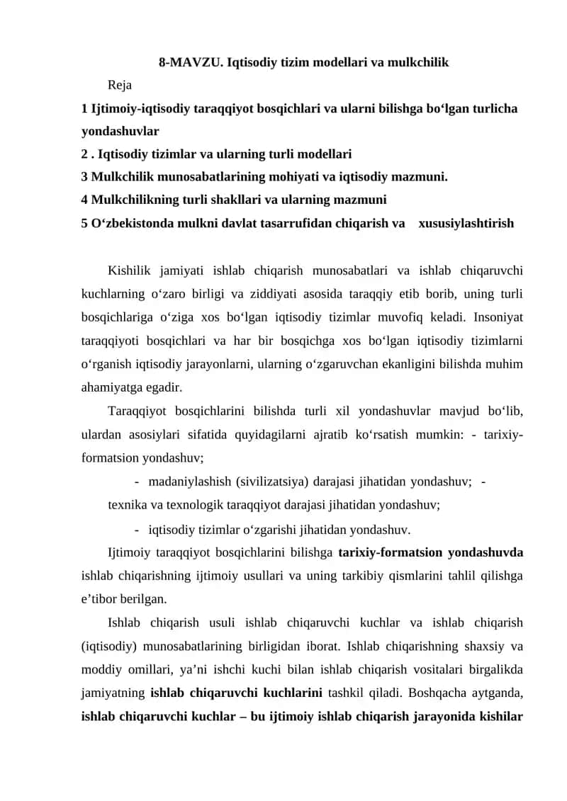Iqtisodiy tizim modellari va mulkchilik 1