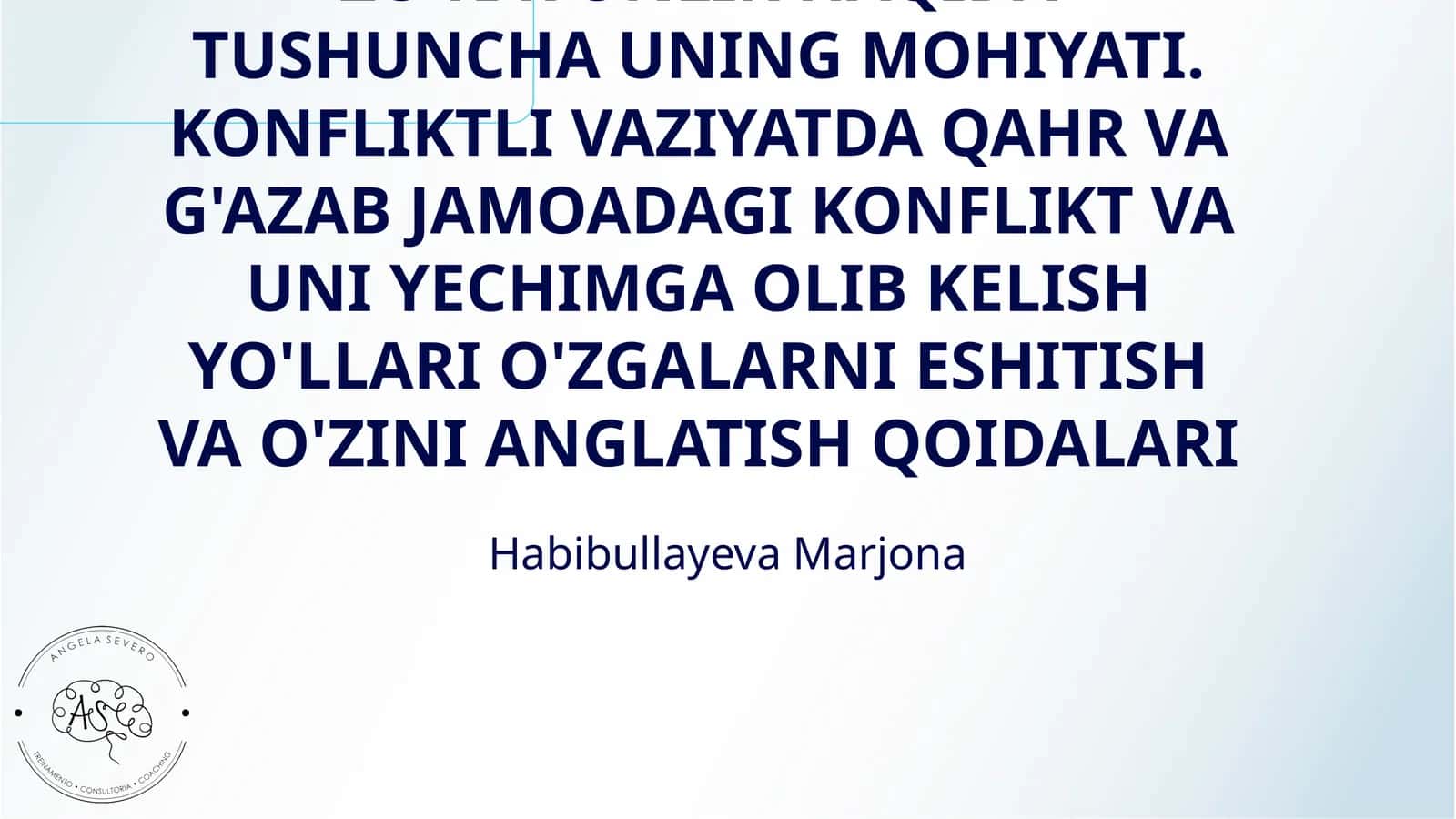 KONFLIKT SIGNALLARI.AGRESSIYA VA ZO'RAVONLIK HAQIDA TUSHUNCHA UNING MOHIYATI. KONFLIKTLI VAZIYATDA QAHR VA G'AZAB JAMOADAGI KONFLIKT VA UNI YECHIMGA OLIB KELISH YO'LLARI O'ZGALARNI ESHITISH VA O'ZINI ANGLATISH QOIDALARI 1