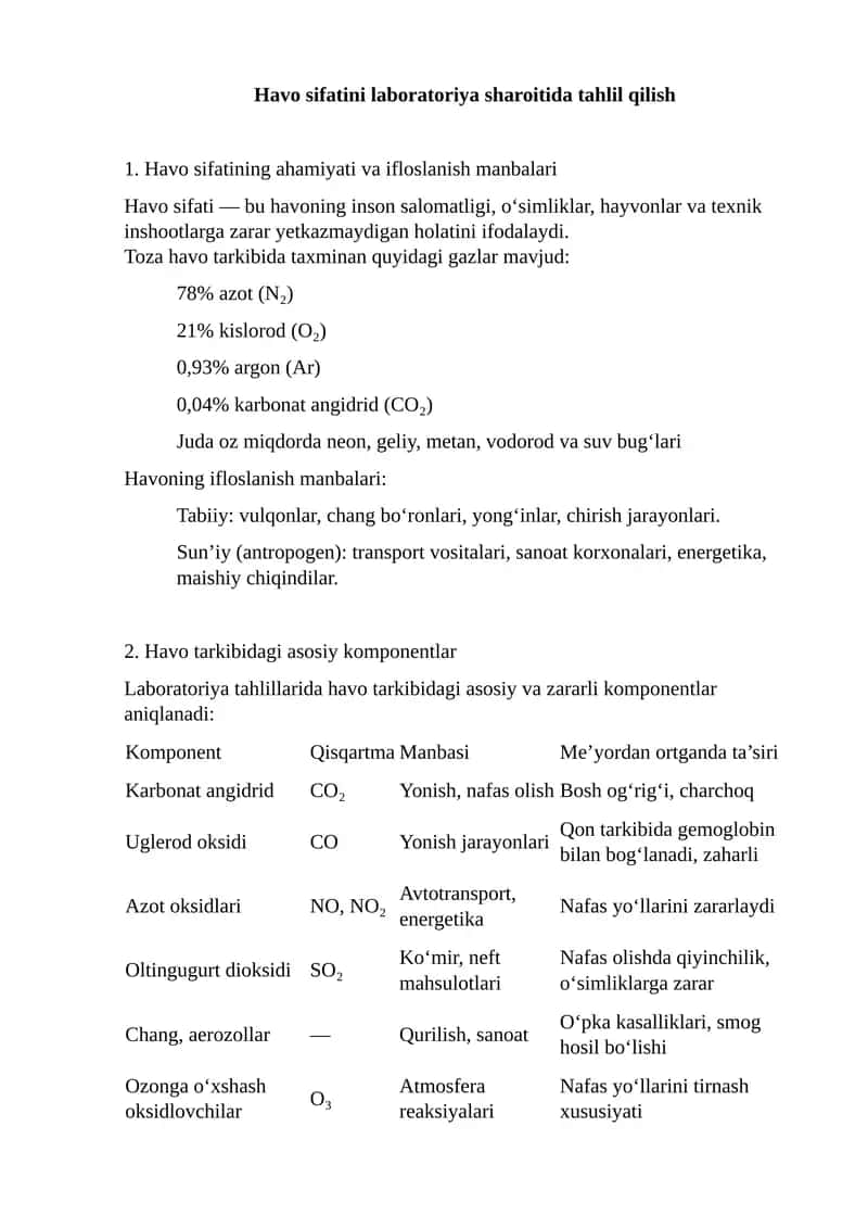 Havo sifatini laboratoriya sharoitida tahlil qilish 1