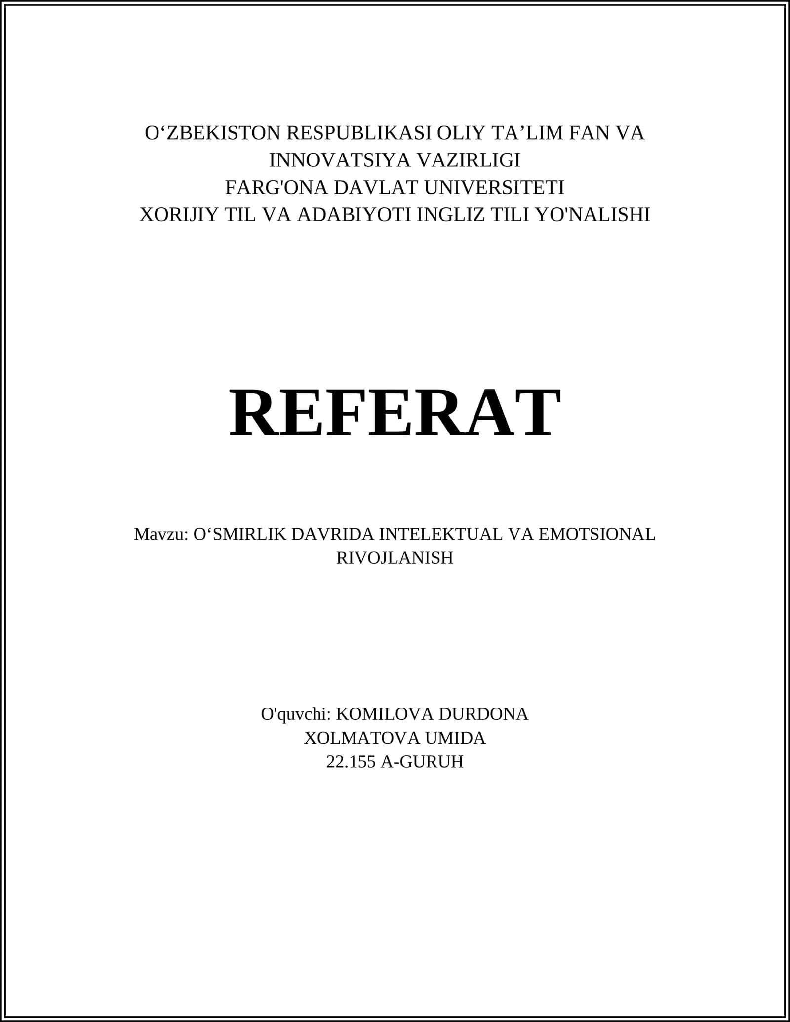 OʻSMIRLIK DAVRIDA INTELEKTUAL VA EMOTSIONAL RIVOJLANISH 1