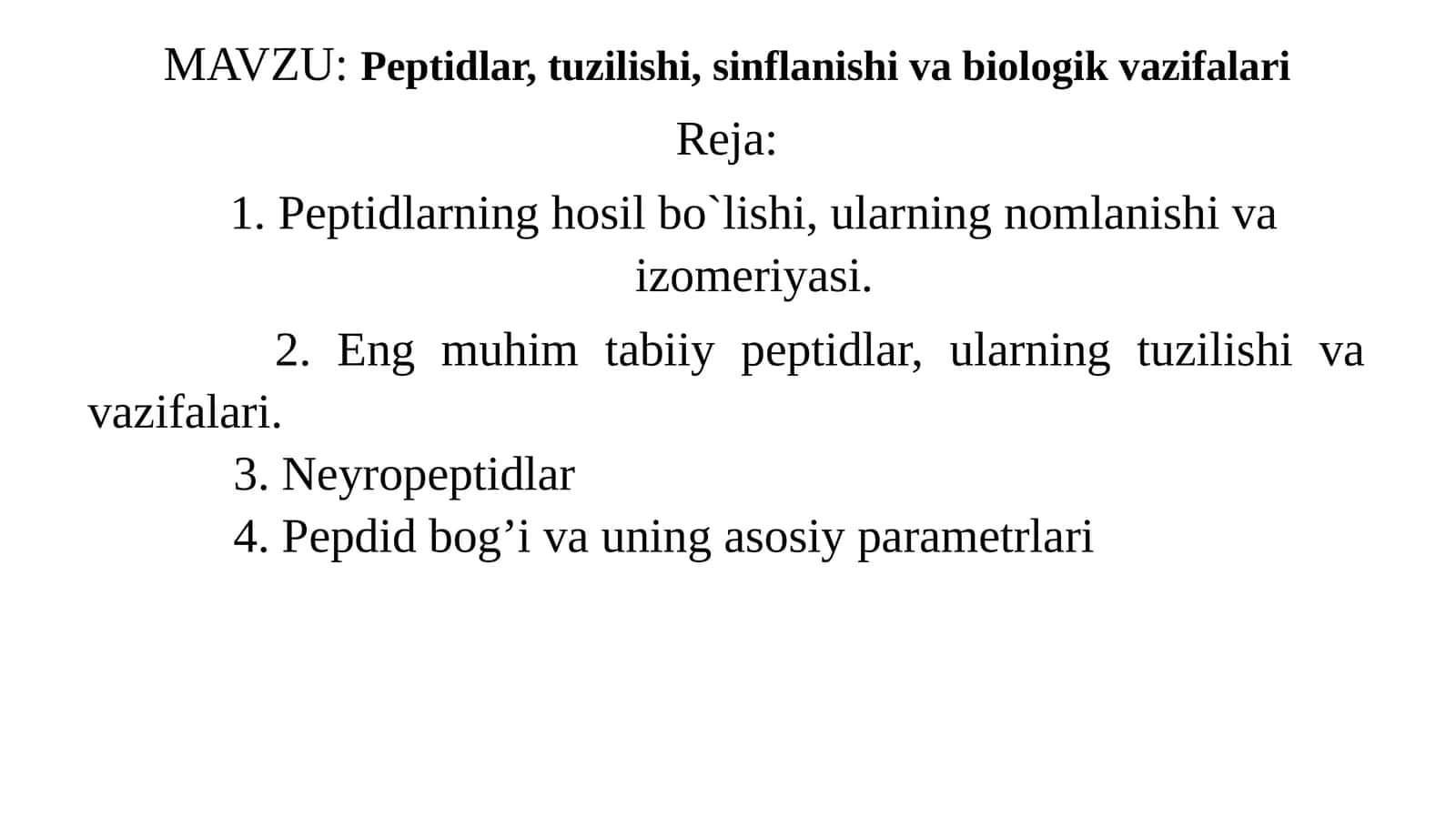 Peptidlar, tuzilishi, sinflanishi va biologik vazifalari 1