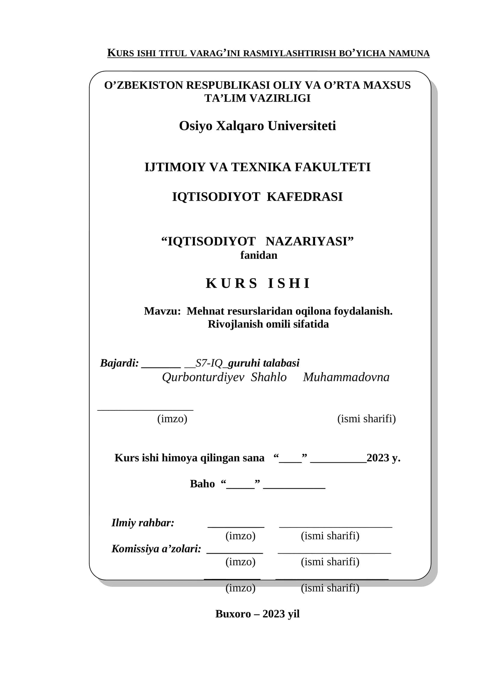 Kurs ishi titul varag’ini rasmiylashtirish bo’yicha namuna 1