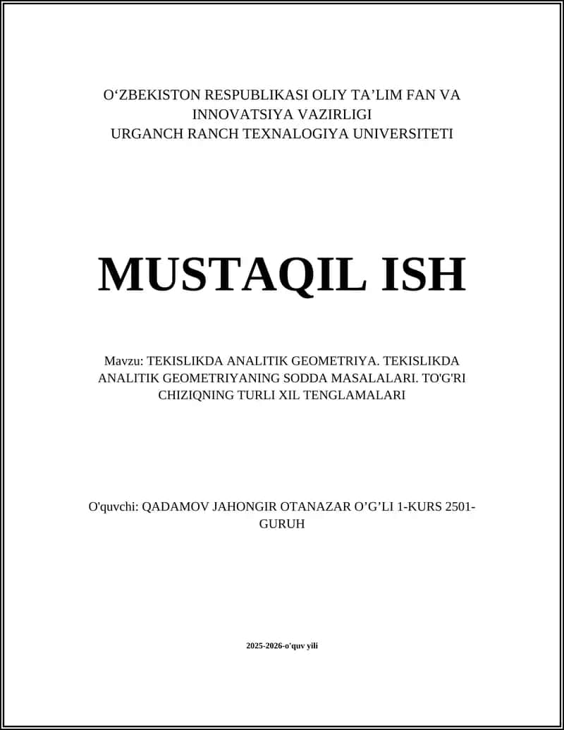 TEKISLIKDA ANALITIK GEOMETRIYA 1
