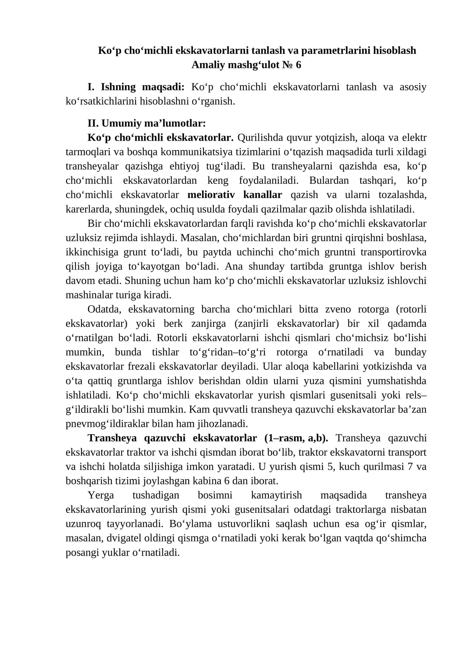 Ko‘p cho‘michli ekskavatorlarni tanlash va parametrlarini hisoblash 1