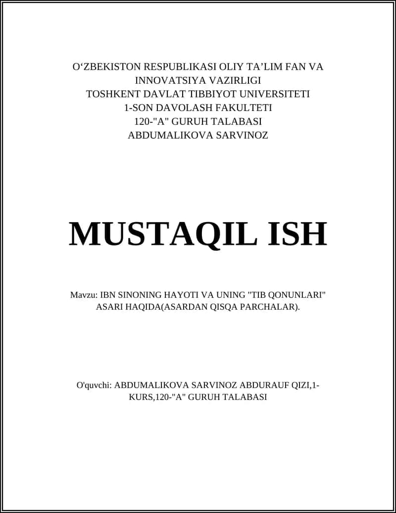 IBN SINONING HAYOTI VA UNING "TIB QONUNLARI" ASARI 1